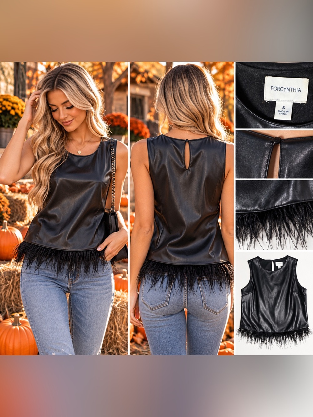 For Cynthia Black Faux Leather Feather Trim Sleeveless Top Size Small